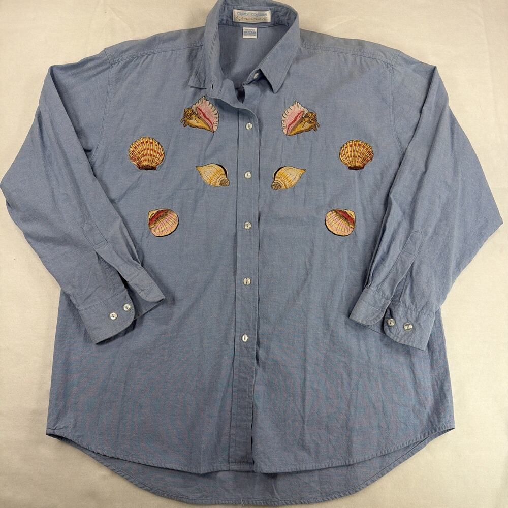 Casey Coleman Vintage Embroidered Seashell Button Down Shirt Chambray Blue XL
